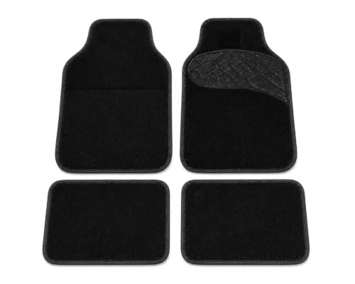 PCM - Universal 4 Piece Car Floor Mats – Car Mats | Black Trim to Fit | Non-Slip All-Weather Protection | Universal Fit for Cars, SUVs & Vans (4pcs Black Pad Carpet