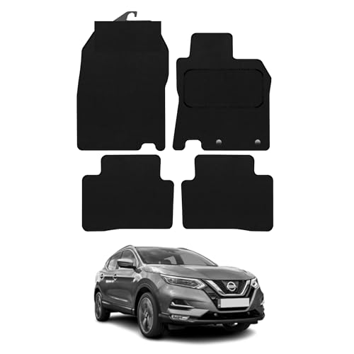Car Mats For Nissan Qashqai 2014 to 2020 4 Piece Set With 2 Clips Tailored Fit Floor Mat Black - All Weather, Anti-Slip Backing