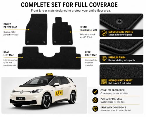 PCM - Tailored Fit Car Floor Mats for Volkswagen ID.3 Taxi Floor Mats 3 Piece Set 2021+ , Custom Fit, Waterproof, Anti-Slip Car Mats