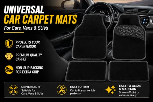PCM - Universal 4 Piece Car Floor Mats – Car Mats | Black Trim to Fit | Non-Slip All-Weather Protection | Universal Fit for Cars, SUVs & Vans (4pcs Black Pad Carpet