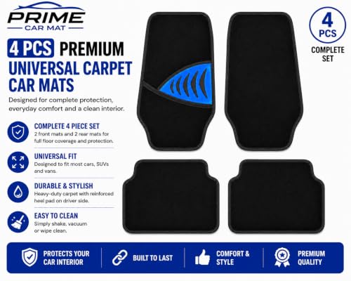 PCM - Universal 4 Piece Car Floor Mats – Blue Pad Car Mats | Black Trim to Fit | Non-Slip All-Weather Protection | Universal Fit for Cars, SUVs & Vans