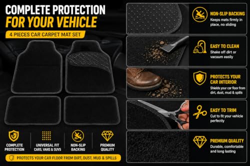 PCM - Universal 4 Piece Car Floor Mats – Car Mats | Black Trim to Fit | Non-Slip All-Weather Protection | Universal Fit for Cars, SUVs & Vans (4pcs Black Pad Carpet