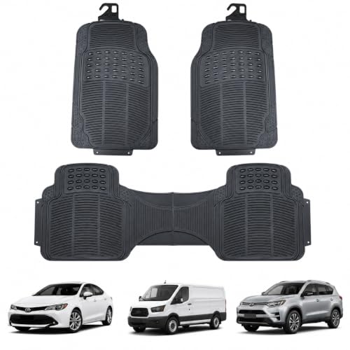 PCM - Universal 3 Piece Car Floor Mats – Heavy Duty 10mm Thick PVC Rubber Car Mats | Black Trim to Fit | Non-Slip All-Weather Protection | Universal Fit for Cars, SUVs & Vans