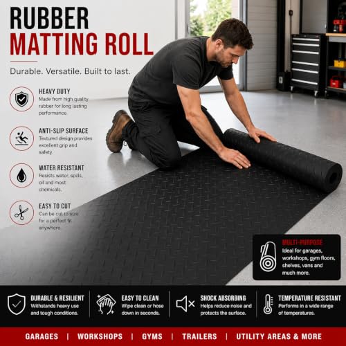 PRIME CAR MAT - Rubber Matting Roll (0.5m x 1.5m) - 5mm - Heavy Duty Checker Plate Rubber Flooring, Non-Slip Waterproof