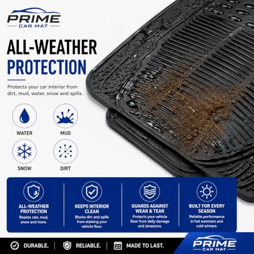 PCM - Universal 3 Piece Car Floor Mats – Heavy Duty 10mm Thick PVC Rubber Car Mats | Black Trim to Fit | Non-Slip All-Weather Protection | Universal Fit for Cars, SUVs & Vans