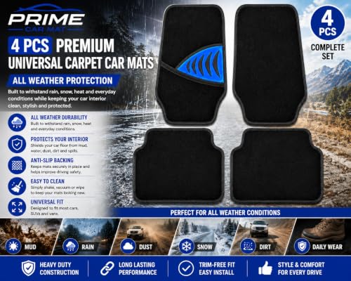 PCM - Universal 4 Piece Car Floor Mats – Blue Pad Car Mats | Black Trim to Fit | Non-Slip All-Weather Protection | Universal Fit for Cars, SUVs & Vans