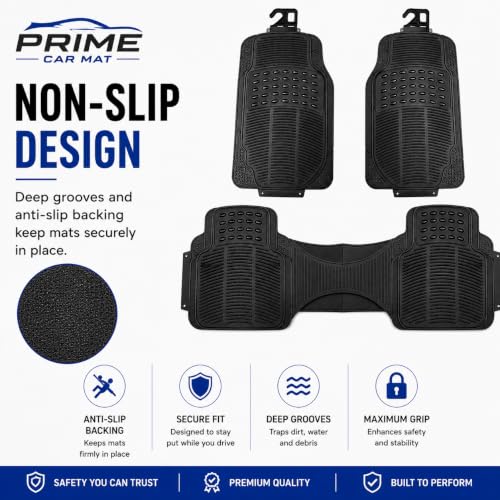 PCM - Universal 3 Piece Car Floor Mats – Heavy Duty 10mm Thick PVC Rubber Car Mats | Black Trim to Fit | Non-Slip All-Weather Protection | Universal Fit for Cars, SUVs & Vans