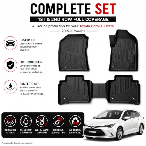 TPE Car Mats for Toyota Corolla Estate 2019-Onwards, Custom Fit Floor Mats, Waterproof All Weather Floor, Anti-Slip, Easy Clean, Full Set