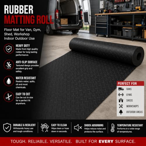 PRIME CAR MAT - Rubber Matting Roll (0.5m x 1.5m) - 5mm - Heavy Duty Checker Plate Rubber Flooring, Non-Slip Waterproof