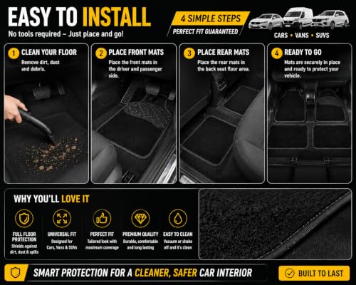 PCM - Universal 4 Piece Car Floor Mats – Car Mats | Black Trim to Fit | Non-Slip All-Weather Protection | Universal Fit for Cars, SUVs & Vans (4pcs Black Pad Carpet