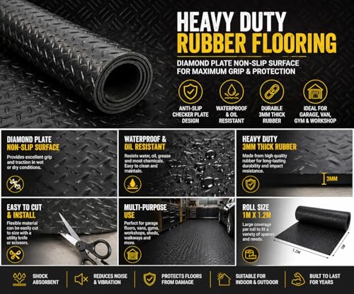 PRIME CAR MAT - Rubber Matting Roll (0.5m x 1.5m) - 5mm - Heavy Duty Checker Plate Rubber Flooring, Non-Slip Waterproof