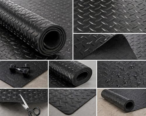 Rubber Matting Roll – Heavy Duty Checker Plate Rubber Flooring, Non-Slip Waterproof Garage Floor Mat for Van, Gym, Shed, Workshop Indoor Outdoor Use (Black)