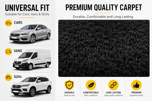 PCM - Universal 4 Piece Car Floor Mats – Car Mats | Black Trim to Fit | Non-Slip All-Weather Protection | Universal Fit for Cars, SUVs & Vans (4pcs Black Pad Carpet