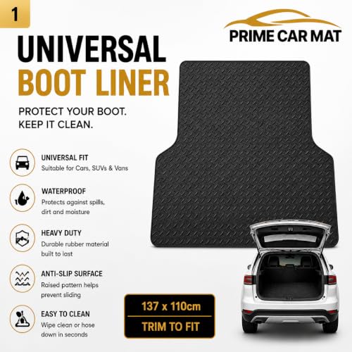Universal Heavy Duty Boot Mat for Cars, SUVs & Vans | Trim to Fit Waterproof Cargo Liner | Anti-Slip Boot Floor Protector | Easy Clean All Weather Trunk Mat for Mud, Pets