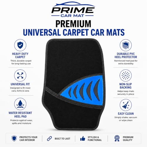 PCM - Universal 4 Piece Car Floor Mats – Blue Pad Car Mats | Black Trim to Fit | Non-Slip All-Weather Protection | Universal Fit for Cars, SUVs & Vans