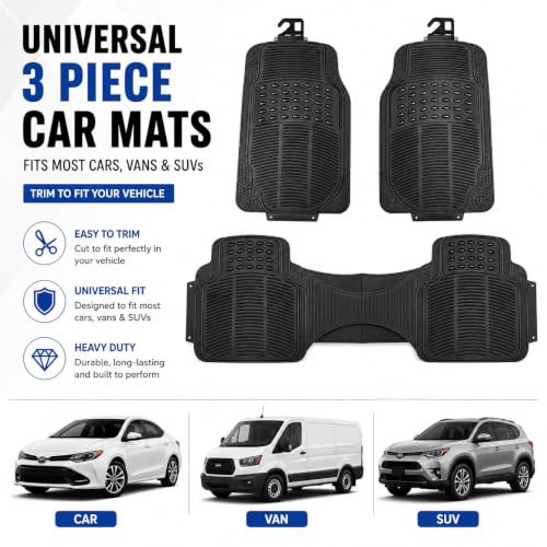 PCM - Universal 3 Piece Car Floor Mats – Heavy Duty 10mm Thick PVC Rubber Car Mats | Black Trim to Fit | Non-Slip All-Weather Protection | Universal Fit for Cars, SUVs & Vans