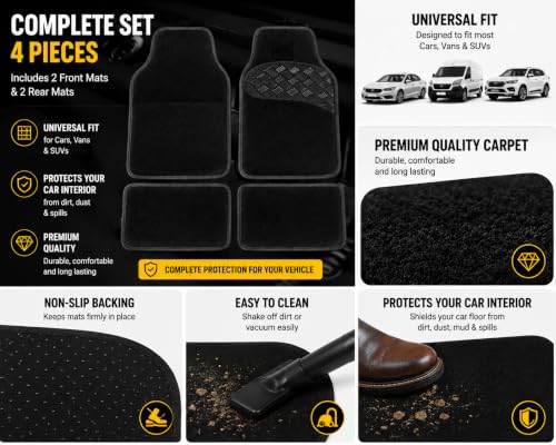 PCM - Universal 4 Piece Car Floor Mats – Car Mats | Black Trim to Fit | Non-Slip All-Weather Protection | Universal Fit for Cars, SUVs & Vans (4pcs Black Pad Carpet