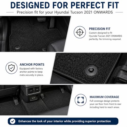 PCM- Car Floor Mats fits for Hyundai Tucson from 2021 ON - Tailored Car Mats - Car Floor Mat, with Anti Slip Backing - 4 pcs Floor Mat Set with 2 Clips