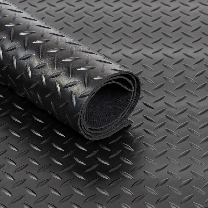 Rubber Matting Roll – Heavy Duty Checker Plate Rubber Flooring, Non-Slip Waterproof Garage Floor Mat for Van, Gym, Shed, Workshop Indoor Outdoor Use (Black)