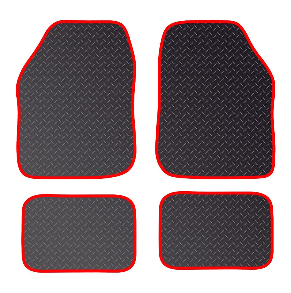 PCM - Rubber Car Floor Mats for Universal Car or Van Tailored Heavy Duty Car Floor Mats 4PC Set Non Slip & Waterproof (RED EDGING)