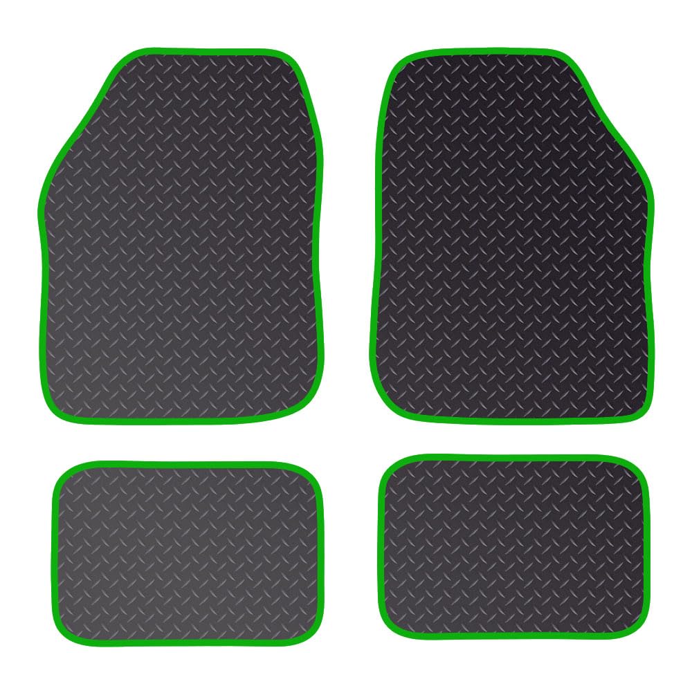 PCM - Rubber Car Floor Mats for Universal Car or Van Tailored Heavy Duty Car Floor Mats 4PC Set Non Slip & Waterproof (GREEN EDGING)