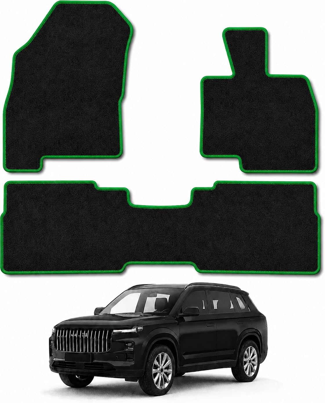 PCM - Car Floor Mats fits for Jaecoo 7 PHEV 2024 to Present, Custom Fit Carpet Car Mats, Full Coverage Floor Protection, Anti Slip Backing, Waterproof, Easy Clean (Green Edging, Carpet)