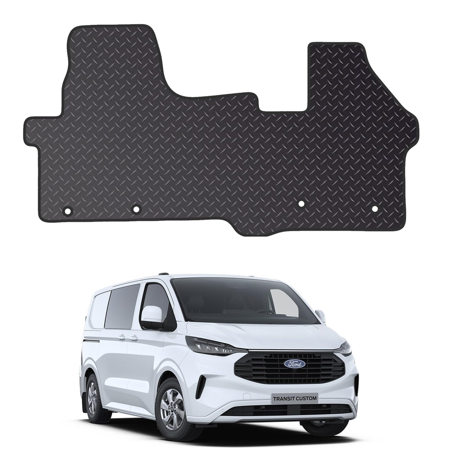 Rubber Floor Mats Fits for Ford Transit Custom (2024+) [Auto] 4 Clips - Custom Van Accessory Tailored fit, Non Slip Mat - Anti Slip Backing and Edged With Black Nylon Binding - 1 Floor Mat Only