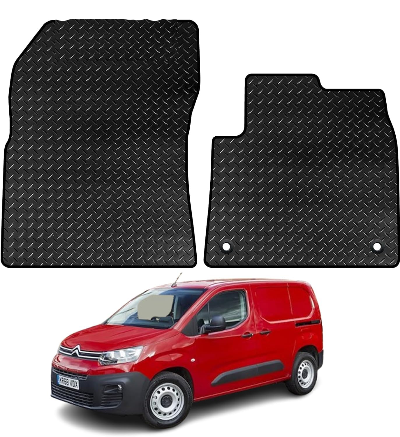 PCM - Floor Mats for Citroen Berlingo Van 2019 To Present Full Coverage Floor Protection - Anti Slip & Fit Car Mat with Clips Easy to Clean Car Carpet  - Black Edging, 2Pc Van Mats (Rubber)